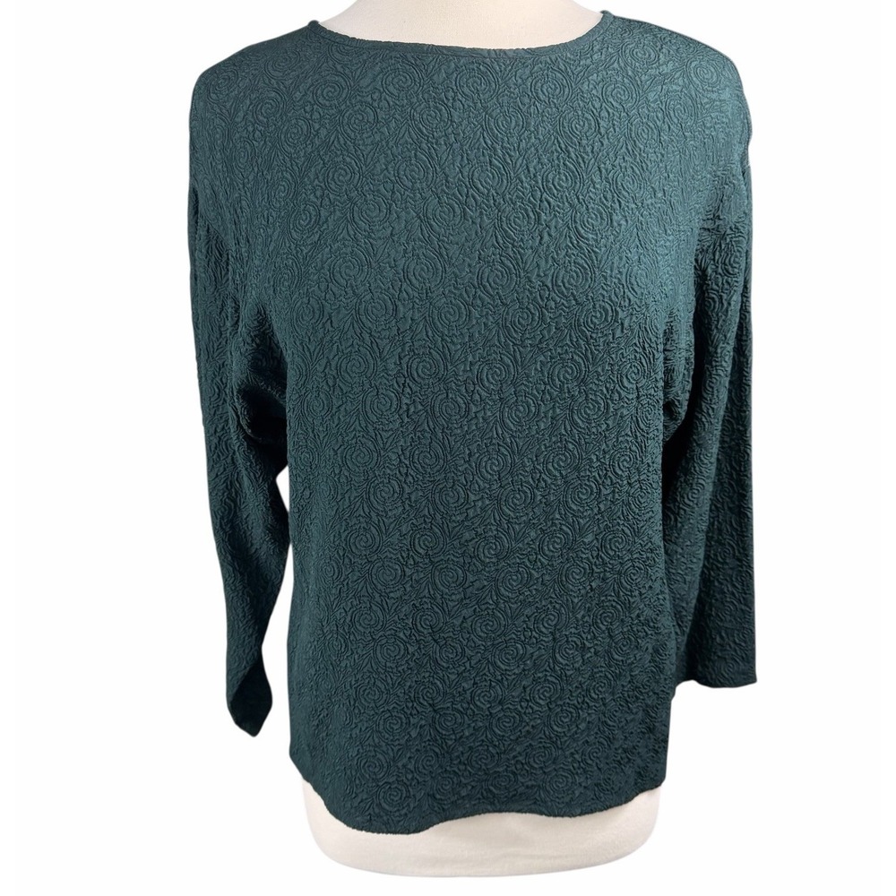 Perry Ellis Blouse Top Back Button Textured Floral Green Sz Med Jewel Tone VTG